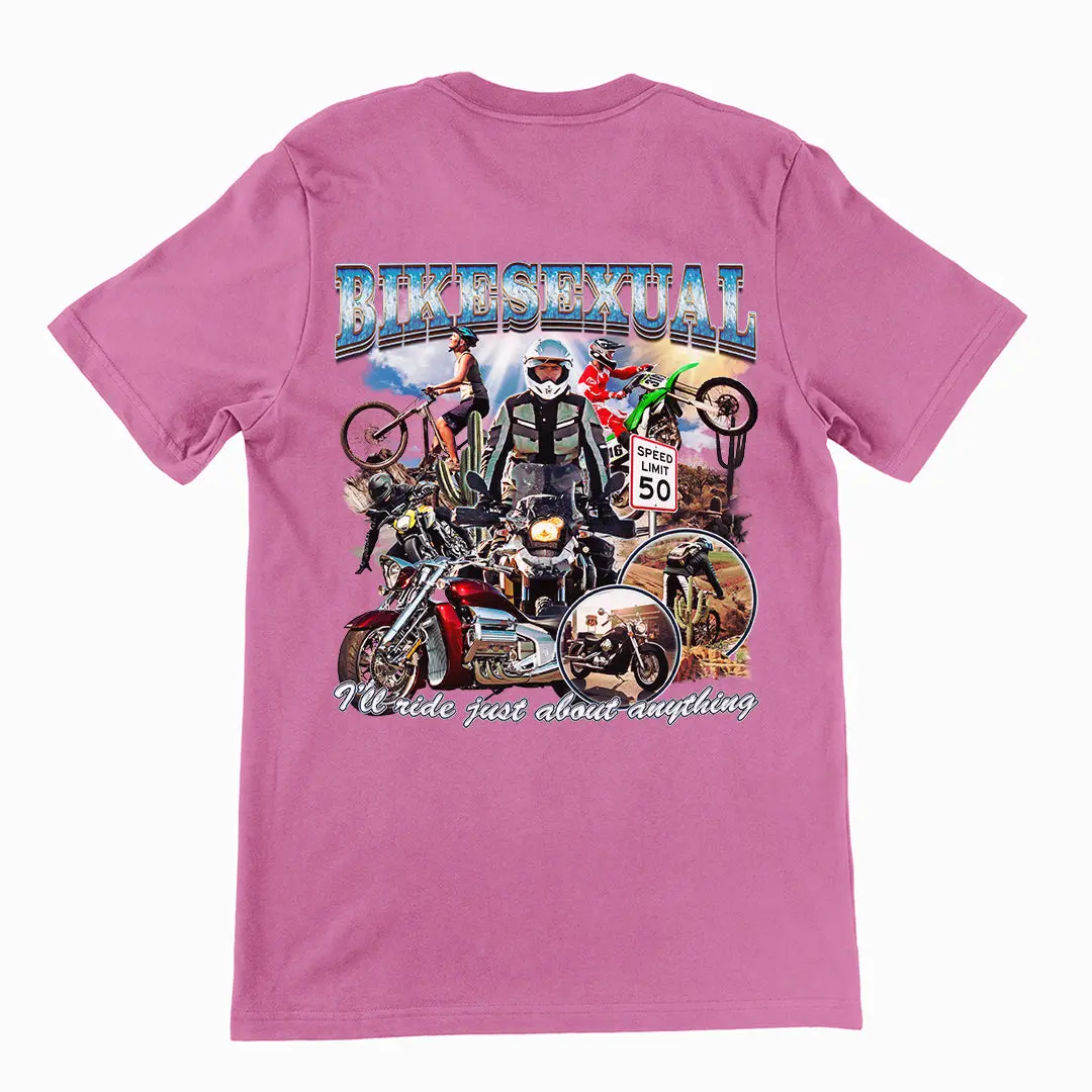 Bikesexual (I'll ride just about anything) T-Shirt (backprint) - Image 2