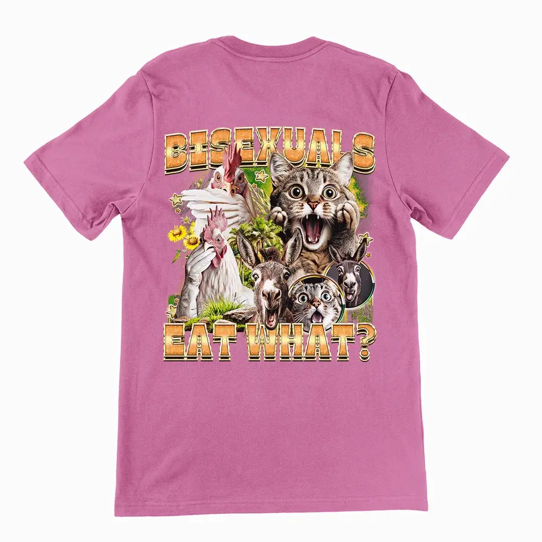 Bisexuals Eat What? (vintage style) T-Shirt (backprint) - Image 2