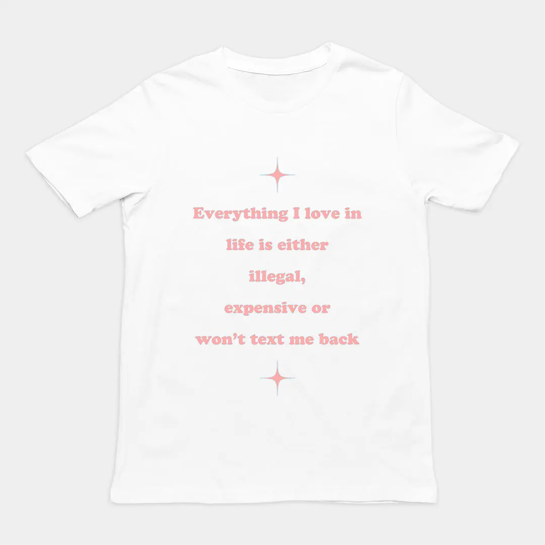 Everything I love in life is either illegal, expensive or won't text me back T-Shirt - Image 6