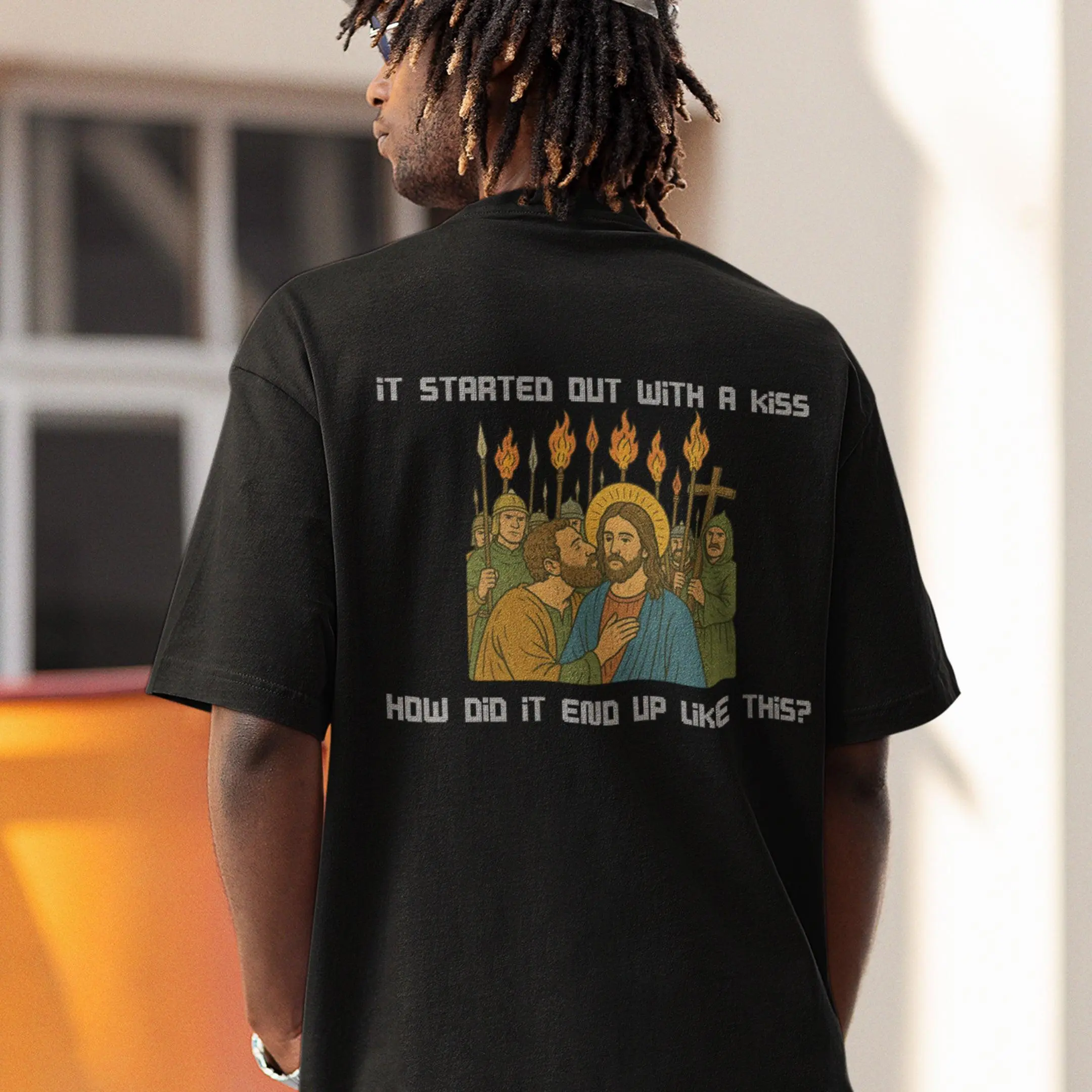 It was only a kiss How did it end up like this Jesus & Judas T-Shirt (backprint) - Image 6