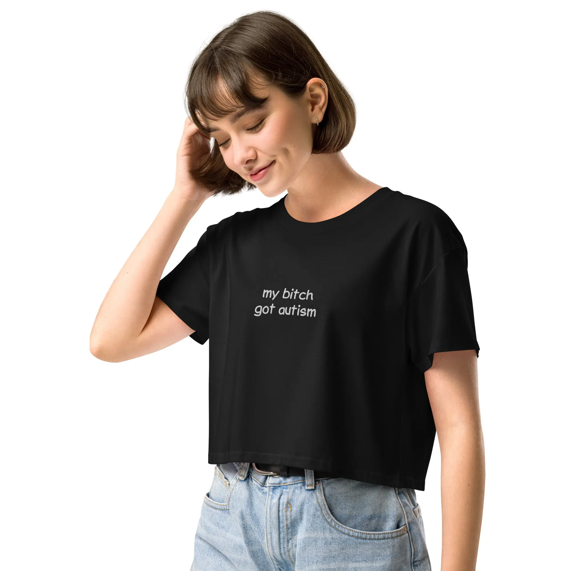 My Bitch Got Autism (embroidered) Women’s crop top - Image 6