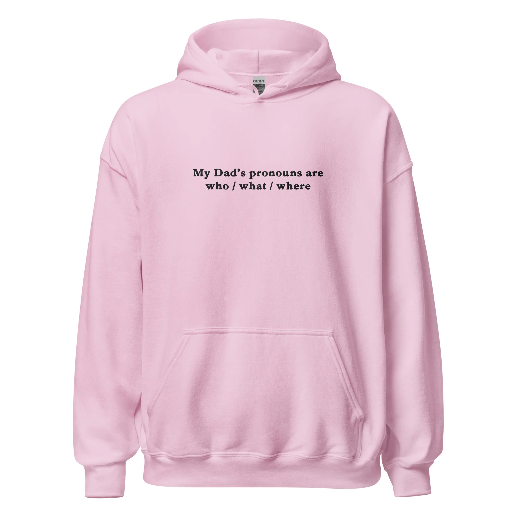 My Dad’s pronouns are who / what / where (embroidered) Hoodie - Image 7