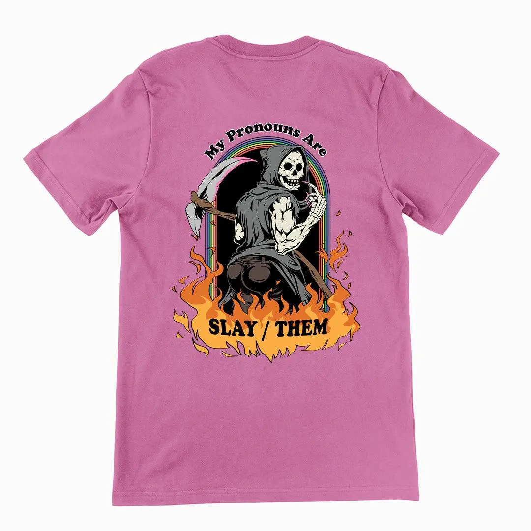 My Pronouns are Slay_Them Cartoon t-shirt (backprint) - Image 2