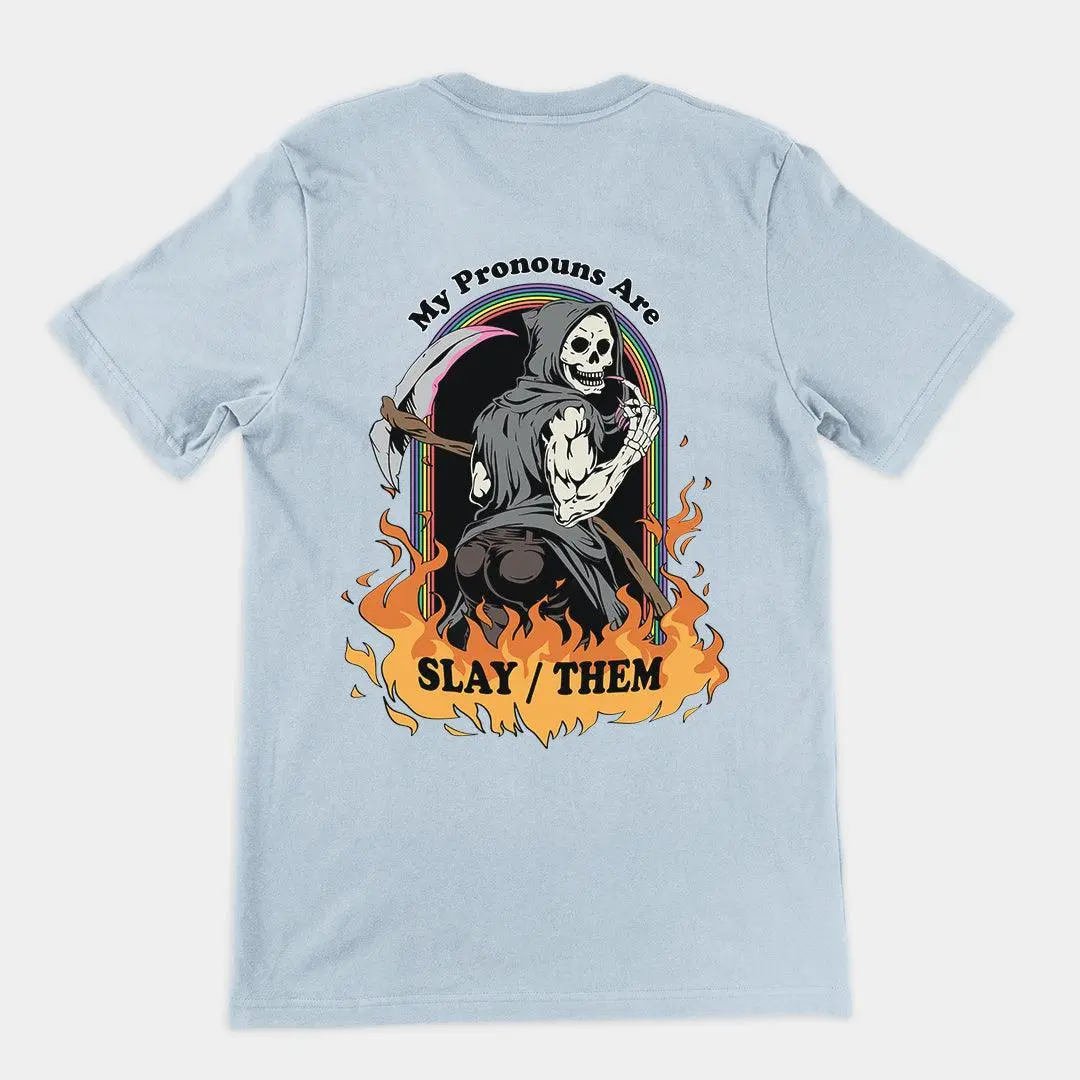 My Pronouns are Slay_Them Cartoon t-shirt (backprint) - Image 4
