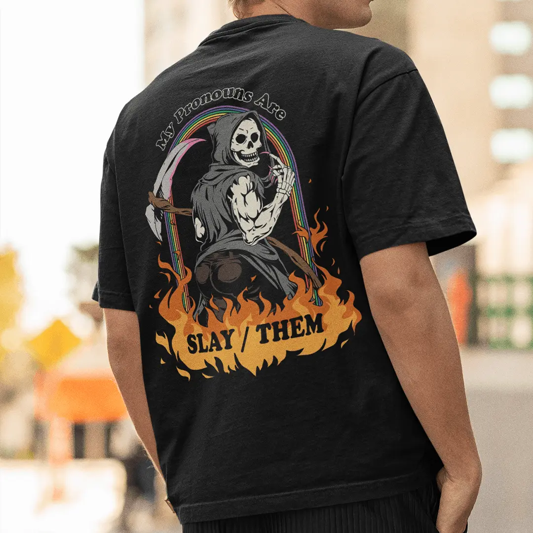 My Pronouns are Slay_Them Cartoon t-shirt (backprint) - Image 7