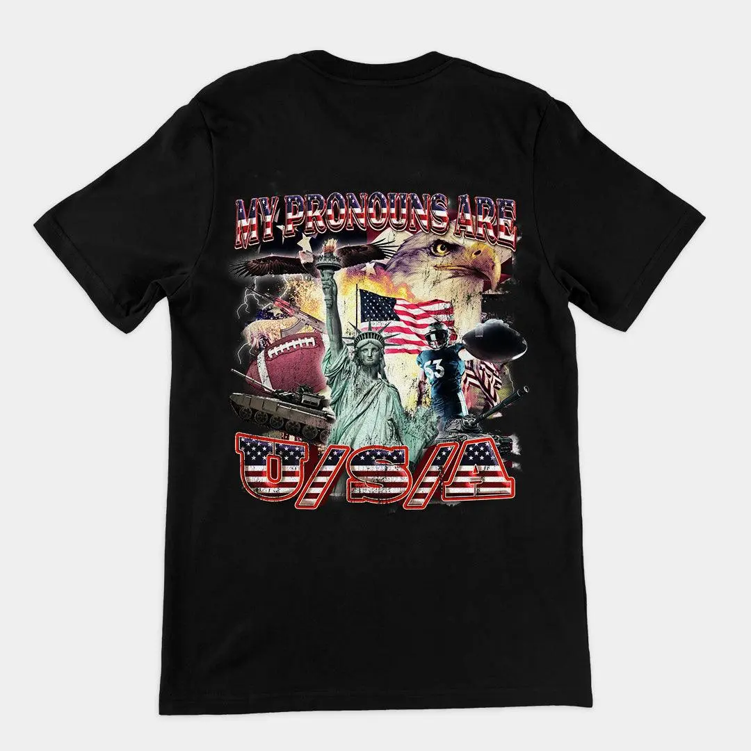 My Pronouns are USA t-shirt (backprint)