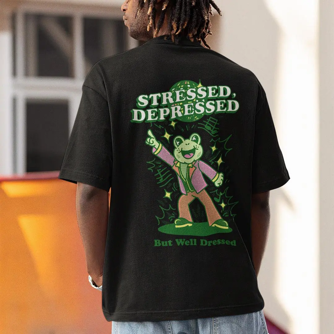 Stressed Depressed but Well Dressed T-shirt (backprint) - Image 7